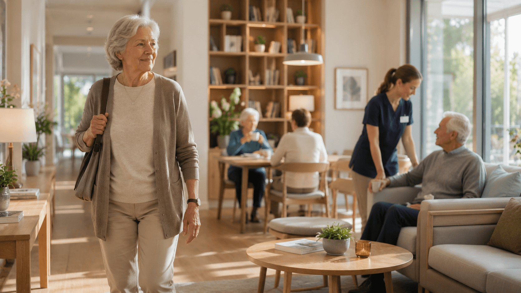 Residents and a nurse share a bright common lounge in a senior community.