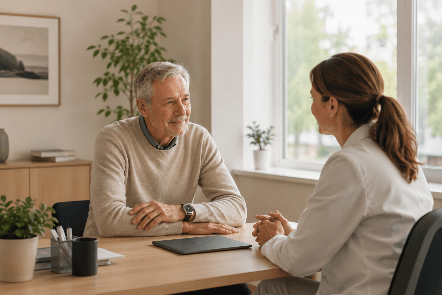 A clinician and an older man talk across a desk in a calm consulting room.