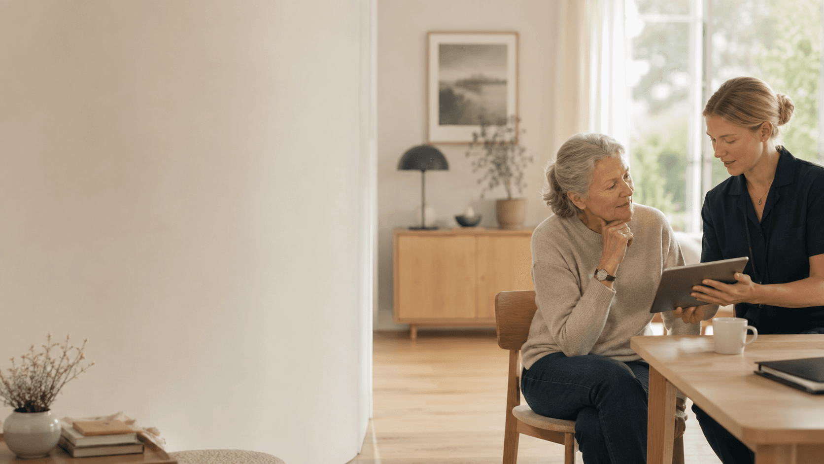 A carer and an older woman look at a tablet together in a sunny living room.