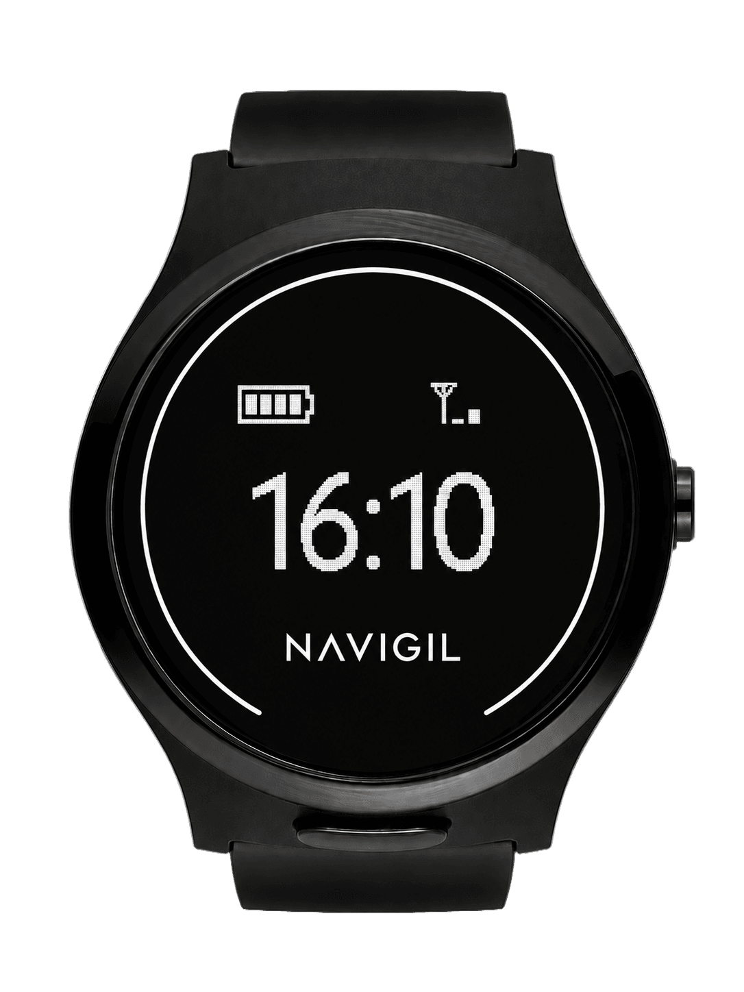 Navigil 580 D wristwatch in black, its digital display showing the time with battery and signal indicators