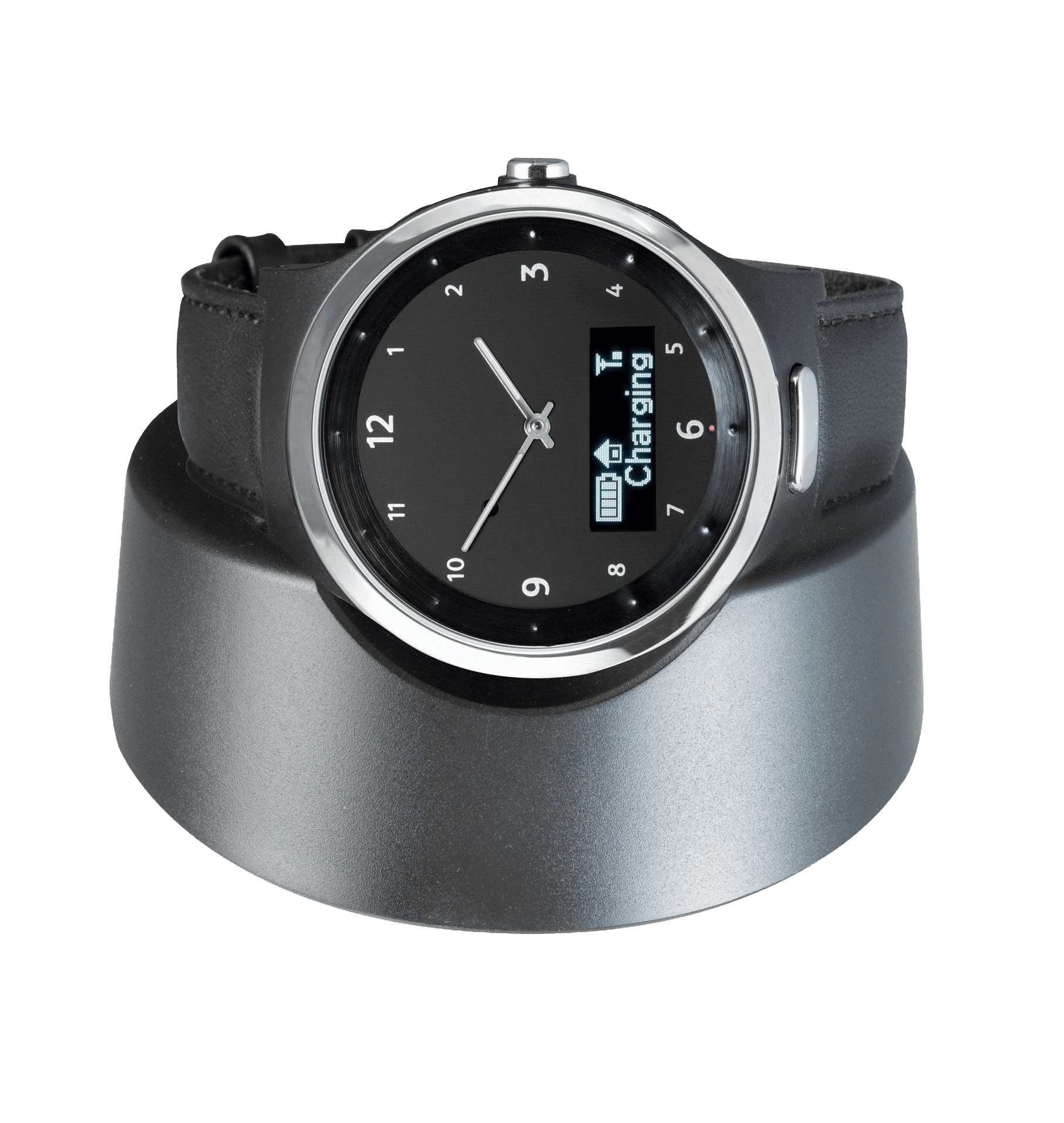 The Navigil 580 watch resting on its charging station.